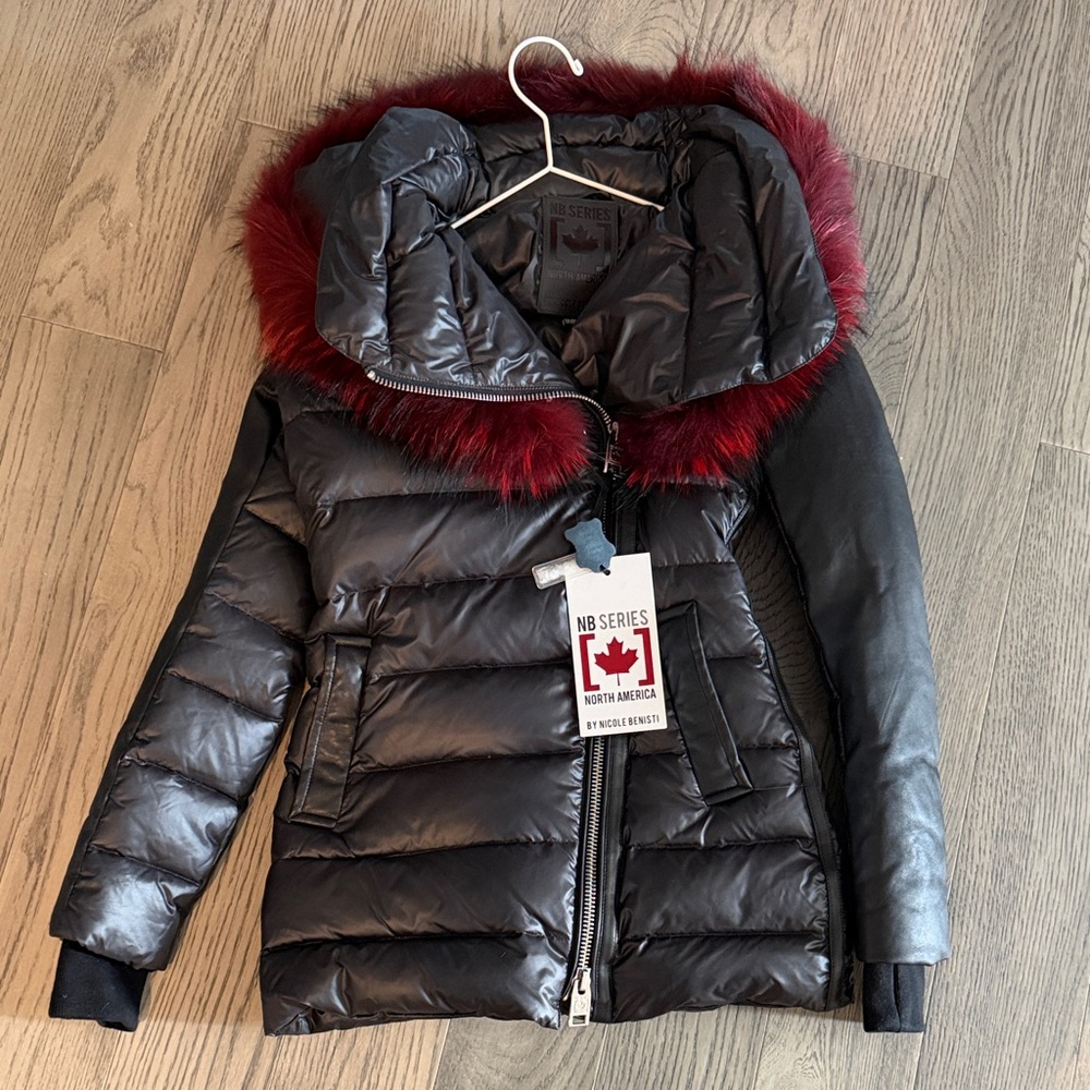 Brand New Nicole Benisti Luxurious Black Puffer Jacket with Red Fur Trim